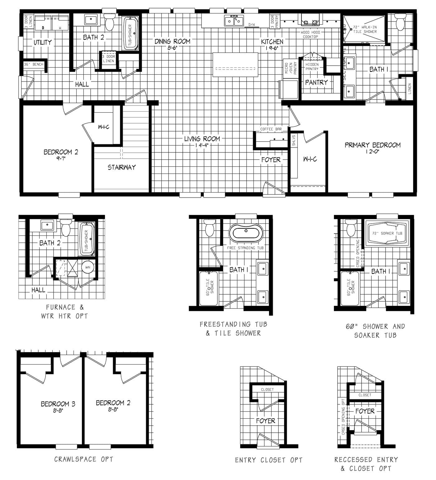 The WINSTON MOD Floor Plan. This Modular Home features 3 bedrooms and 2 baths.