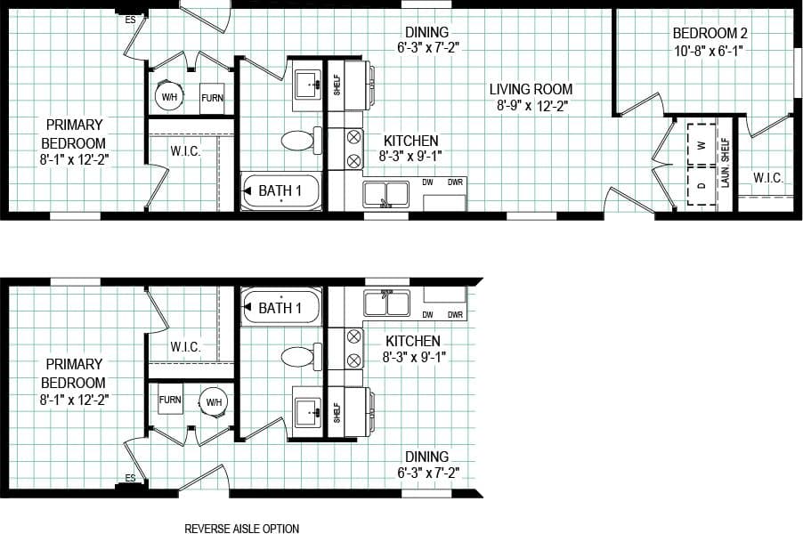 The 4814-CC04 RESOLVE 48 Floor Plan. This Manufactured Mobile Home features 2 bedrooms and 2 baths.