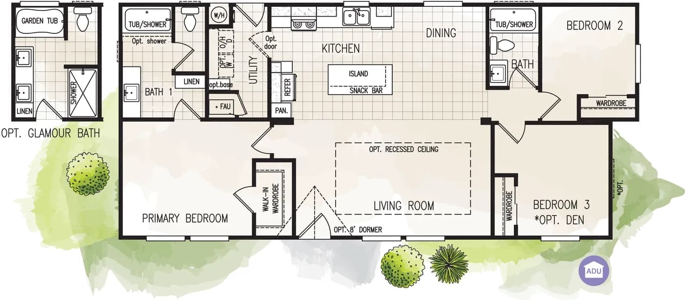 The FAIRPOINT 24523K Floor Plan. This Manufactured Mobile Home features 3 bedrooms and 2 baths.