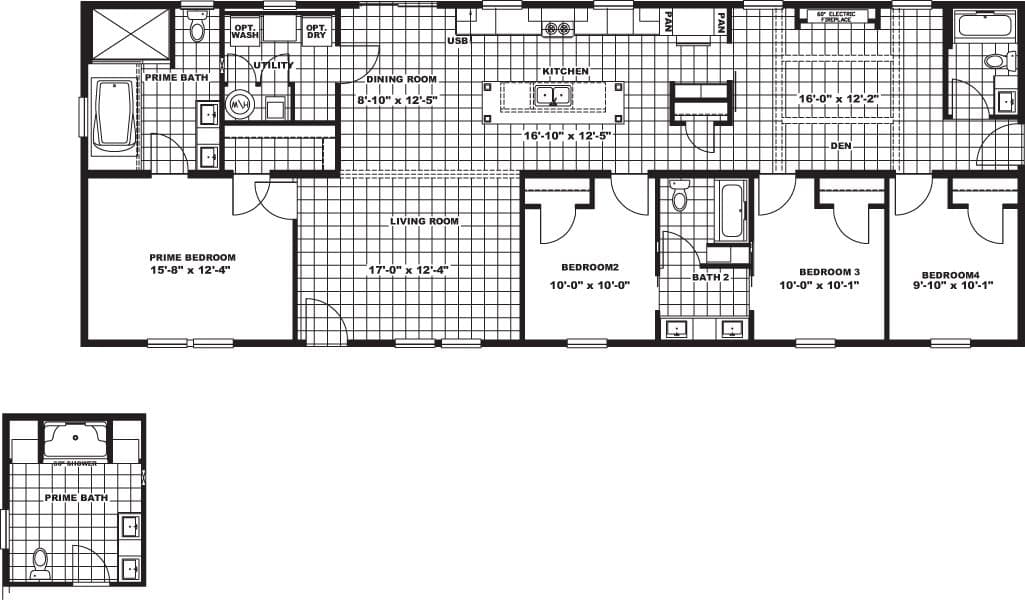 The THE LYON Floor Plan. This Manufactured Mobile Home features 4 bedrooms and 2 baths.