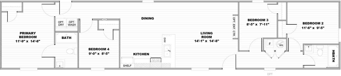 The GLACIER VISTA Floor Plan. This Manufactured Mobile Home features 4 bedrooms and 2 baths.