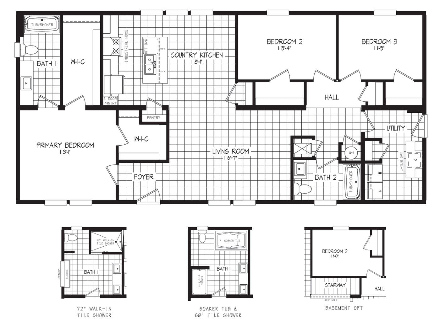 The RAMSEY 4045-1 MOD Floor Plan. This Modular Home features 3 bedrooms and 2 baths.