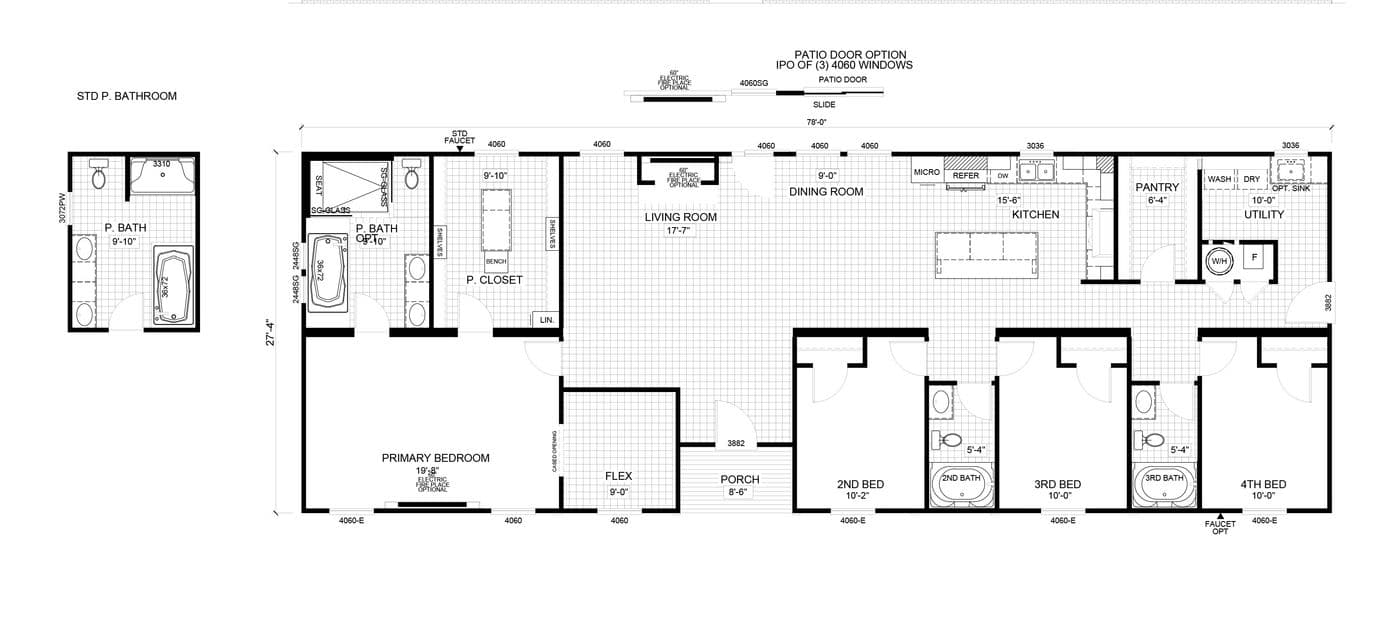 The THE ROOSEVELT Floor Plan. This Manufactured Mobile Home features 4 bedrooms and 3 baths.