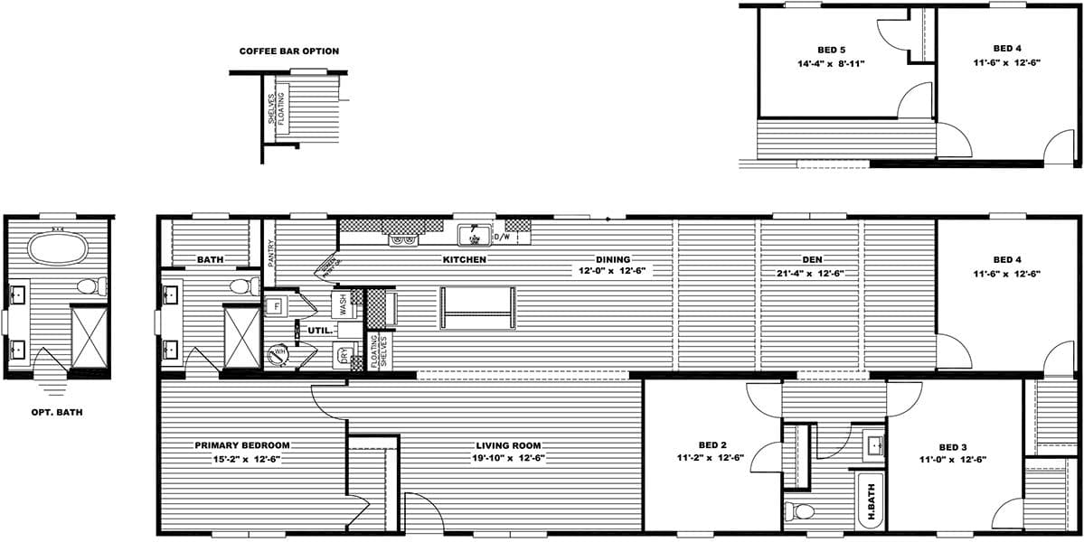 The THE TINSLEY Floor Plan. This Manufactured Mobile Home features 4 bedrooms and 2 baths.