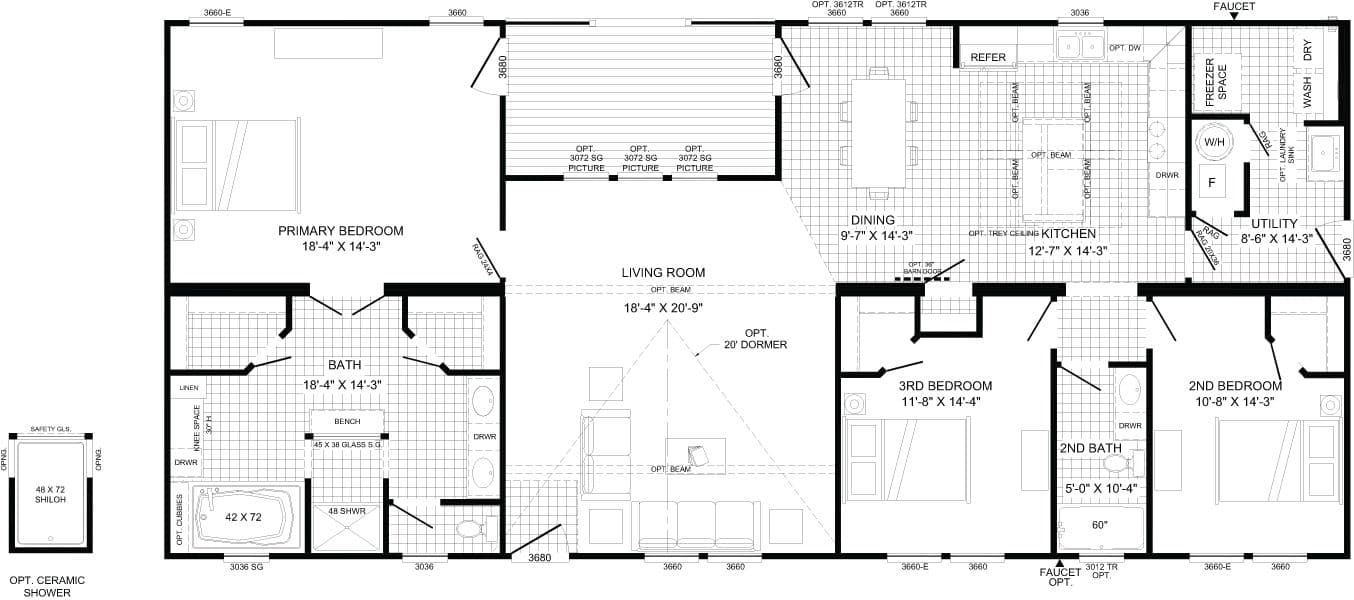 The THE TURNER Floor Plan. This Manufactured Mobile Home features 3 bedrooms and 2 baths.