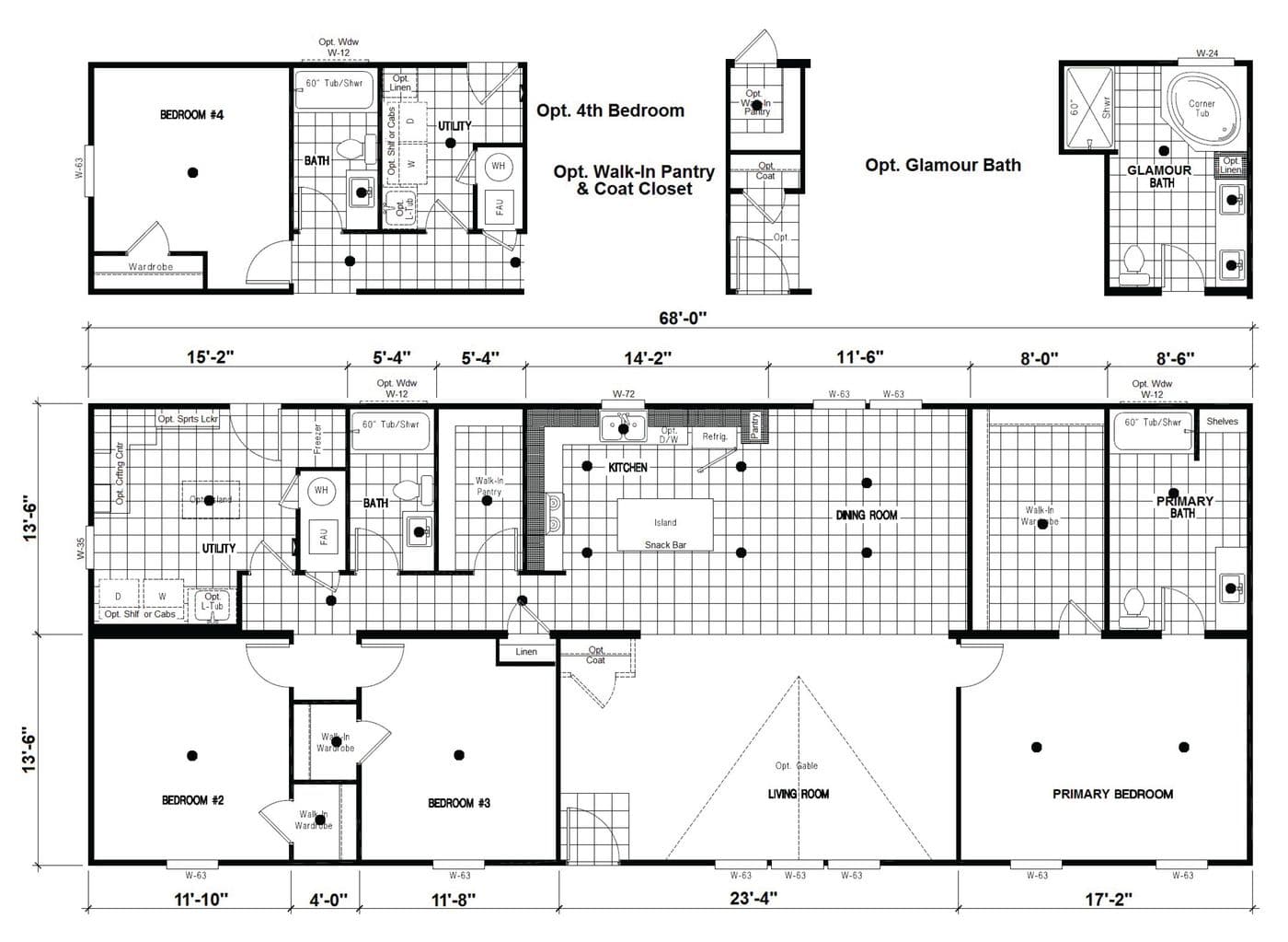 The DRM683F 68'              DREAM Floor Plan. This Manufactured Mobile Home features 3 bedrooms and 2 baths.