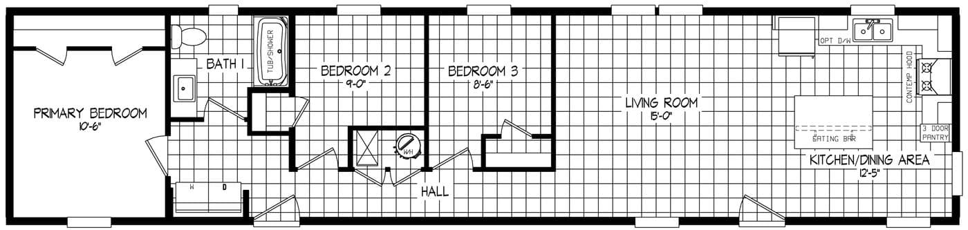 The RAMSEY 208-1 Floor Plan. This Manufactured Mobile Home features 3 bedrooms and 2 baths.
