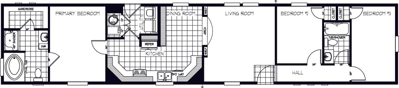 The K1676H Floor Plan. This Manufactured Mobile Home features 3 bedrooms and 2 baths.