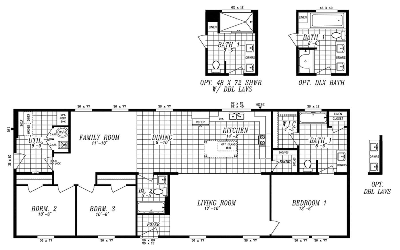 The 2034 COLUMBIA RIVER (NEW) Floor Plan. This Manufactured Mobile Home features 3 bedrooms and 2 baths.