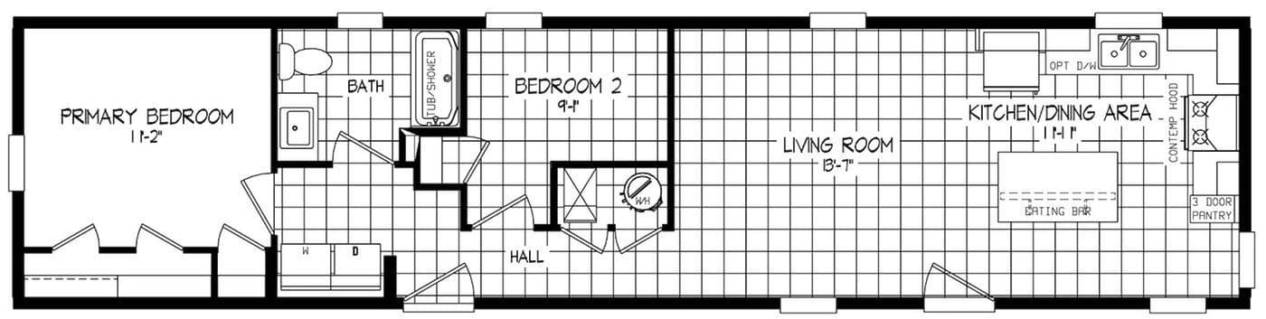 The RAMSEY 210-1 Floor Plan. This Manufactured Mobile Home features 2 bedrooms and 1 bath.