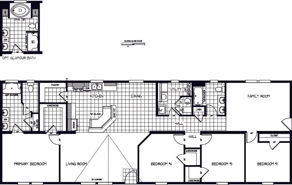 The THE WAVE Floor Plan. This Manufactured Mobile Home features 4 bedrooms and 2 baths.