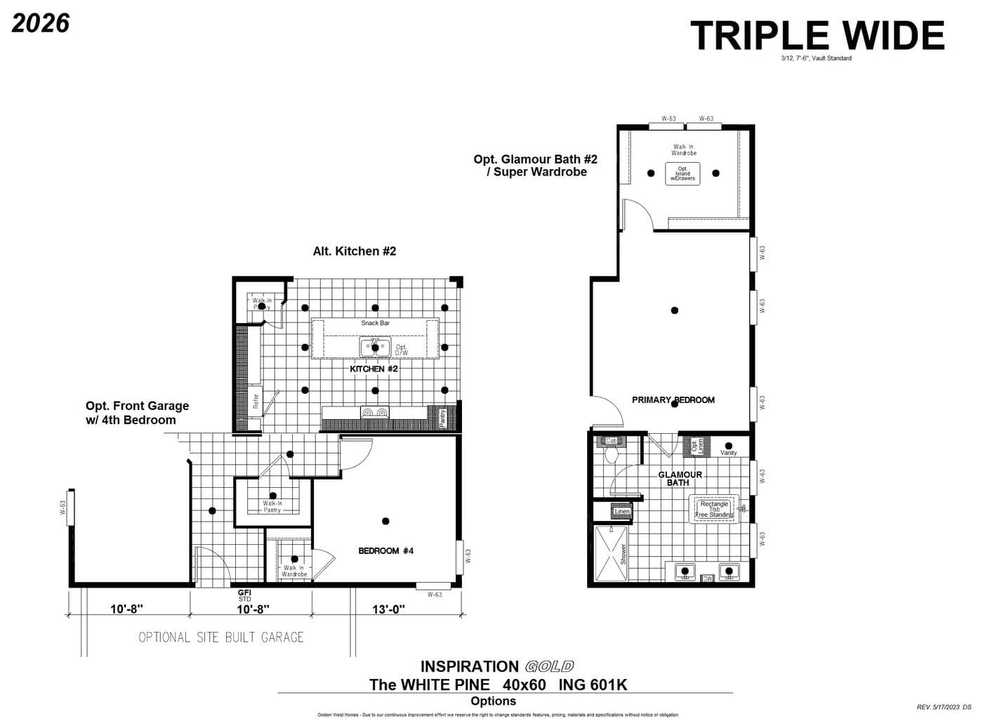 The ING601K WHITE PINE          GW Floor Plan. This Manufactured Mobile Home features 3 bedrooms and 3 baths.