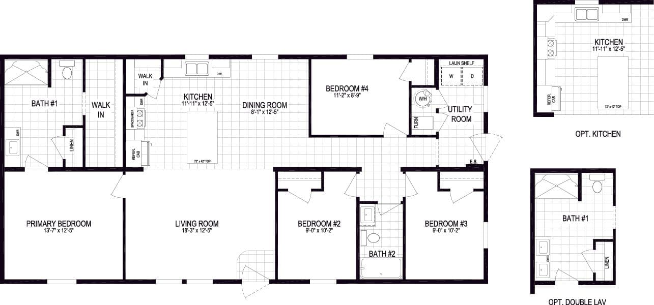 The 5628-MS067-2 HUNTINGTON Floor Plan. This Manufactured Mobile Home features 4 bedrooms and 2 baths.