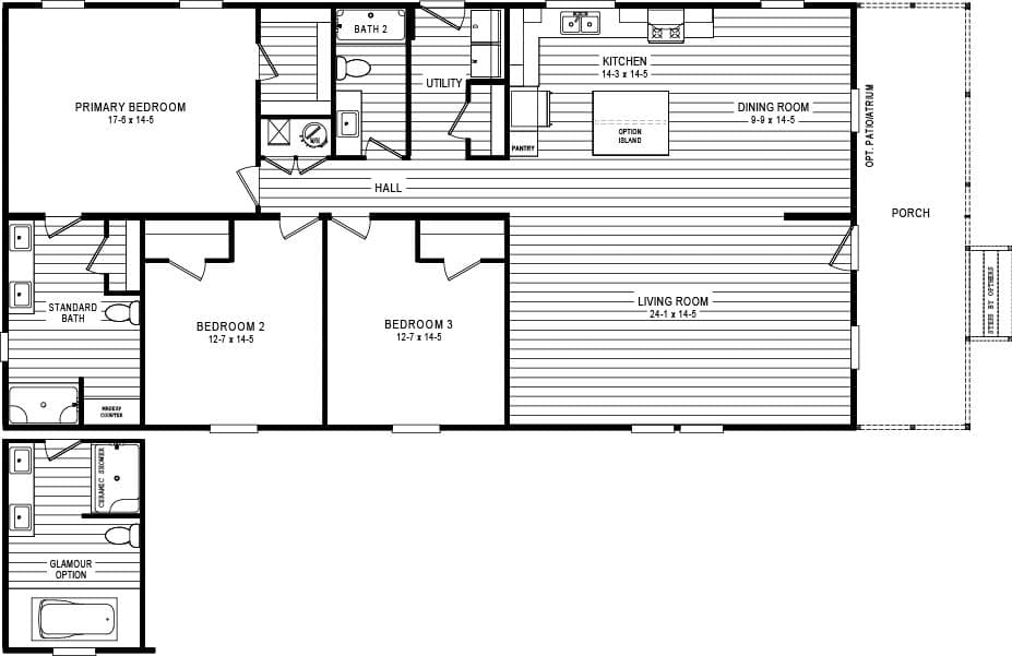32' Wide The 2700 "CADDIE" 6828 Exterior. This Manufactured Mobile Home features 3 bedrooms and 2 baths.