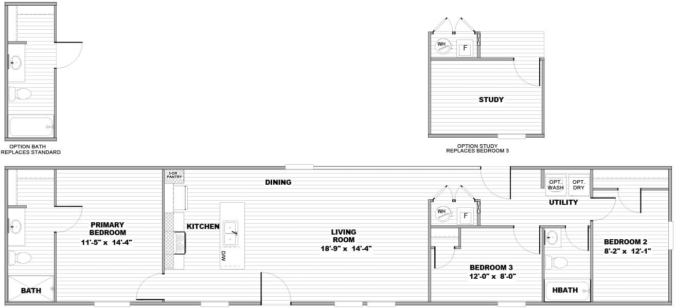 The FLEX COASTAL BREEZE Floor Plan. This Manufactured Mobile Home features 3 bedrooms and 2 baths.