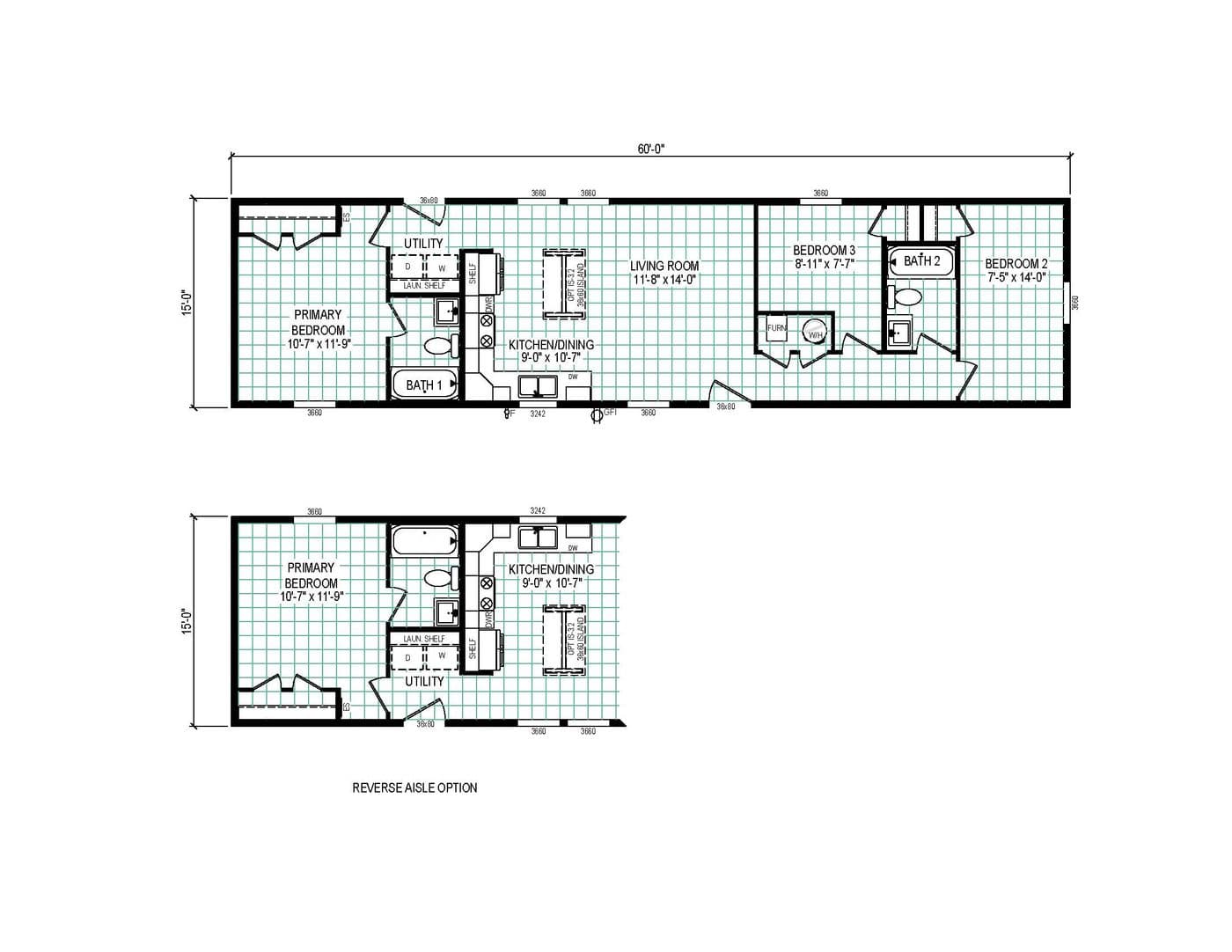 The 6016-CC06 ANCHOR 60 Floor Plan. This Manufactured Mobile Home features 3 bedrooms and 2 baths.