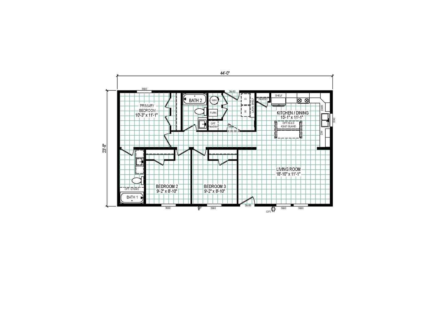The 4424-CC53 IRONWOOD 44 Floor Plan. This Manufactured Mobile Home features 3 bedrooms and 2 baths.