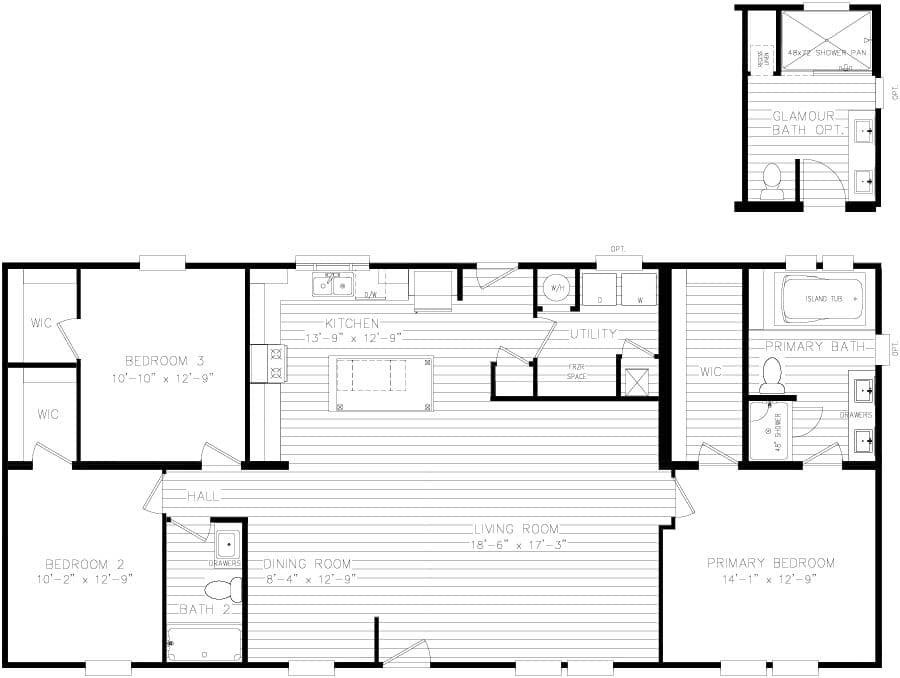 The 3104 THE PINEHURST MOD Floor Plan. This Modular Home features 3 bedrooms and 2 baths.