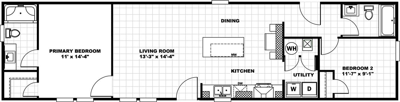 The 1660B Floor Plan. This Manufactured Mobile Home features 2 bedrooms and 2 baths.