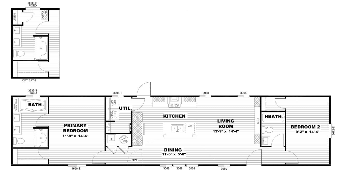 The RESOLUTION 16682X Floor Plan. This Manufactured Mobile Home features 2 bedrooms and 2 baths.