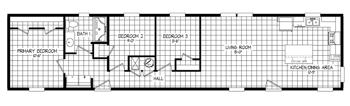The RIGHT CHOICE 208-1 Floor Plan. This Manufactured Mobile Home features 3 bedrooms and 2 baths.