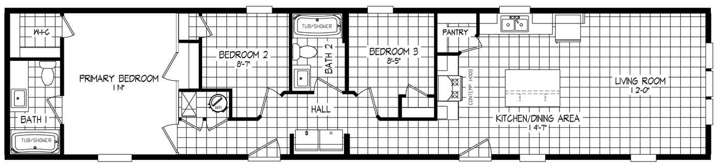 The RAMSEY 217-1 Floor Plan. This Manufactured Mobile Home features 3 bedrooms and 2 baths.