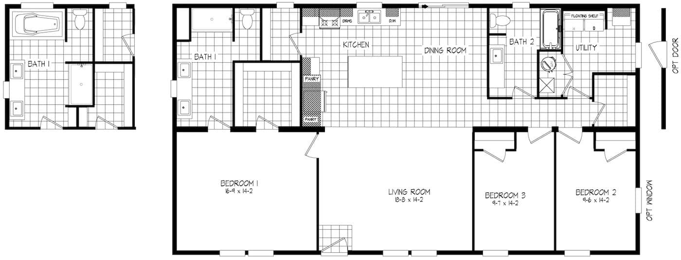 The ACADIA Floor Plan. This Manufactured Mobile Home features 3 bedrooms and 2 baths.