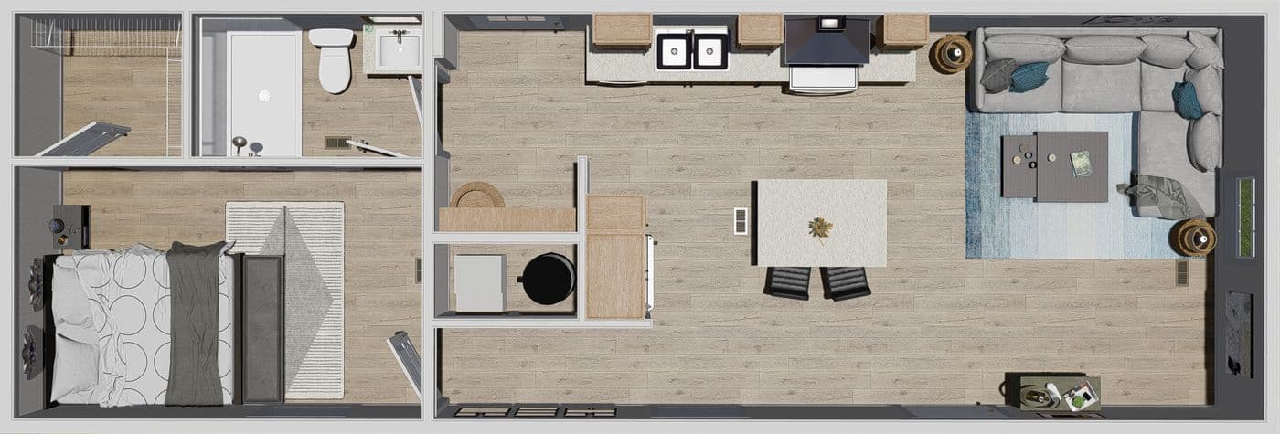 The YESTERDAY Floor Plan. This Manufactured Mobile Home features 1 bedroom and 1 bath.