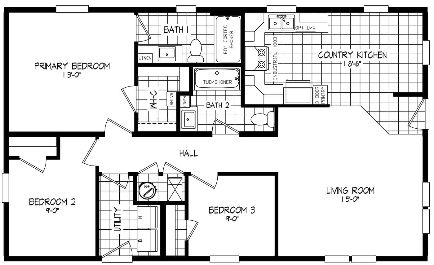 The LEGEND 518-2 Floor Plan. This Manufactured Mobile Home features 3 bedrooms and 2 baths.
