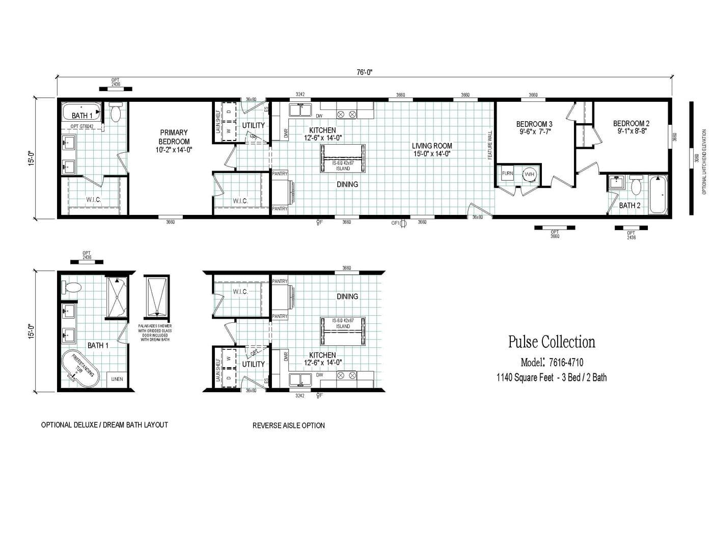 The 7616-4710 THE PULSE Floor Plan. This Manufactured Mobile Home features 3 bedrooms and 2 baths.