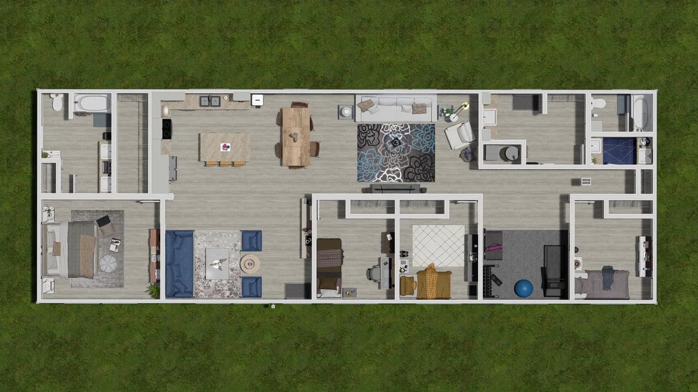 The 5425 "RIDGE" 7628 Floor Plan. This Manufactured Mobile Home features 4 bedrooms and 2 baths.