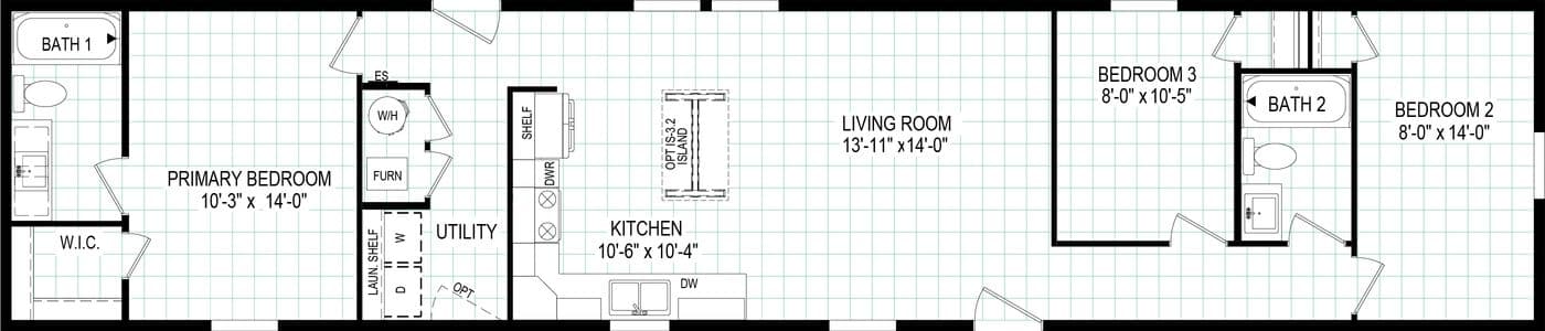 The 7016-CC01 CORNERSTONE 70 Floor Plan. This Manufactured Mobile Home features 3 bedrooms and 2 baths.