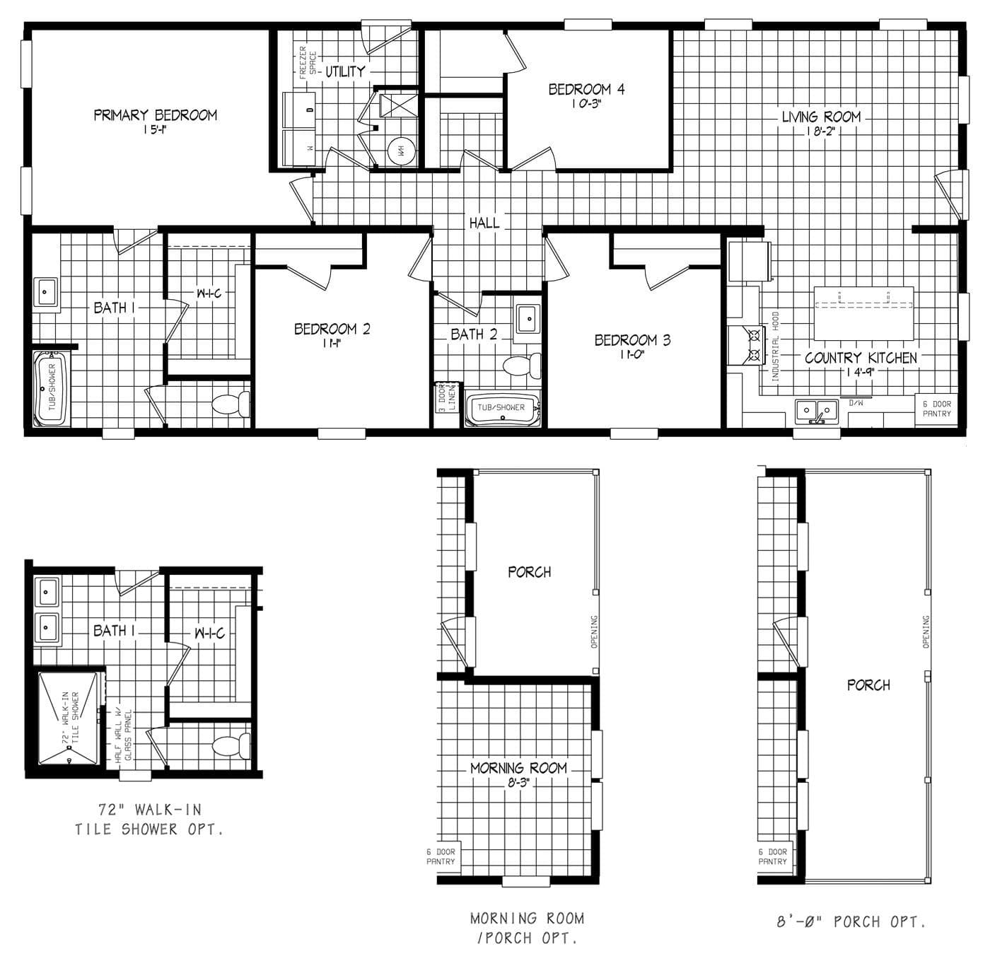 The RAMSEY 75 Floor Plan. This Manufactured Mobile Home features 4 bedrooms and 2 baths.