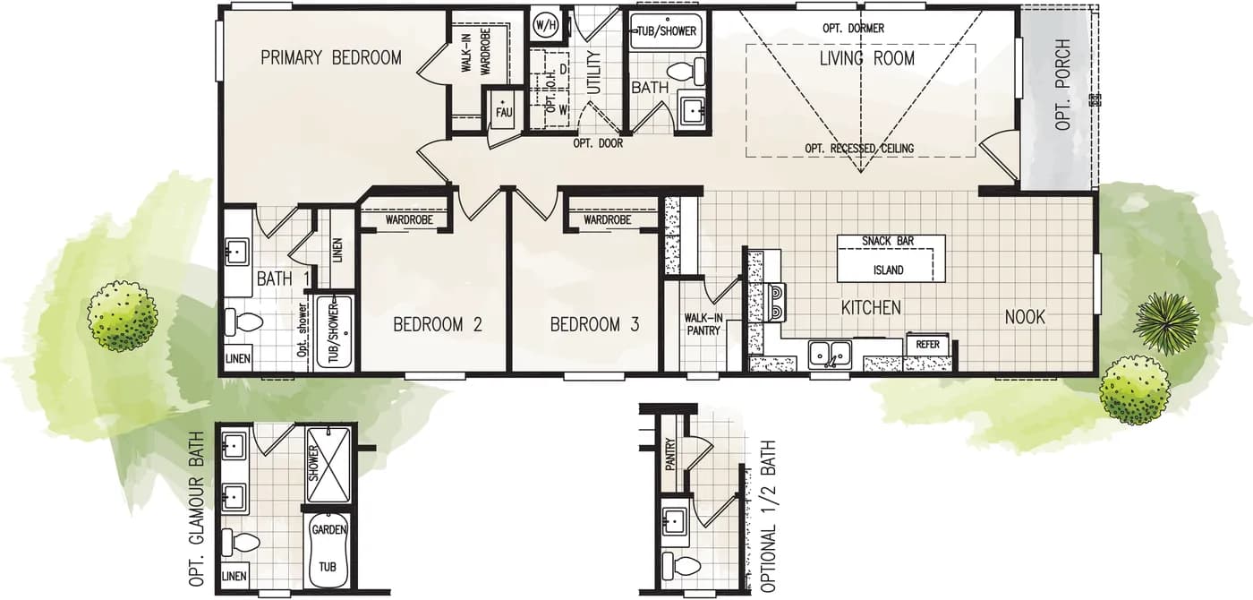 The FAIRPOINT 24563D Floor Plan. This Manufactured Mobile Home features 3 bedrooms and 2 baths.