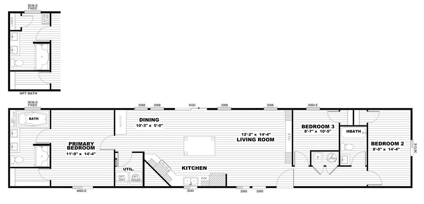 The RESOLUTION 16763J Floor Plan. This Manufactured Mobile Home features 3 bedrooms and 2 baths.