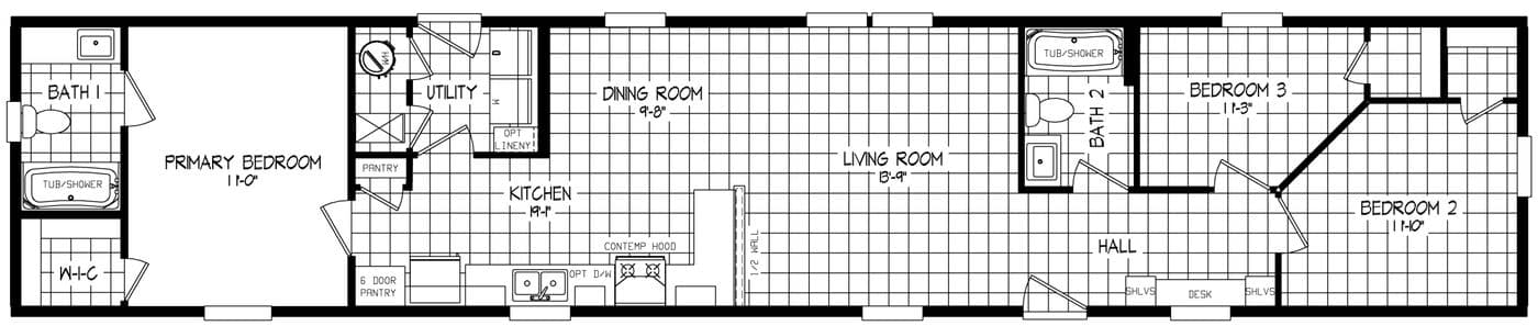 The RAMSEY 216-2 Floor Plan. This Manufactured Mobile Home features 3 bedrooms and 2 baths.