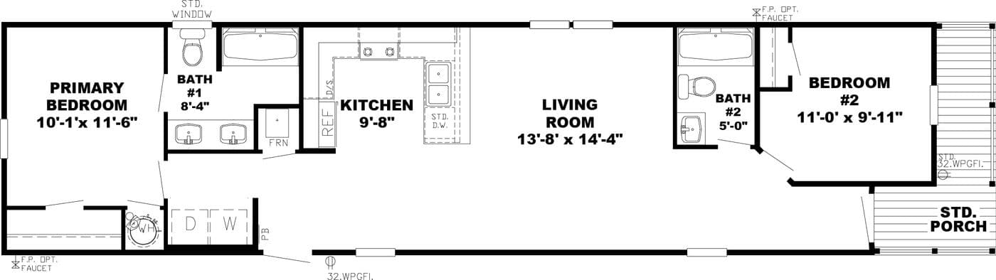 The PRK16642A Floor Plan. This Manufactured Mobile Home features 2 bedrooms and 2 baths.