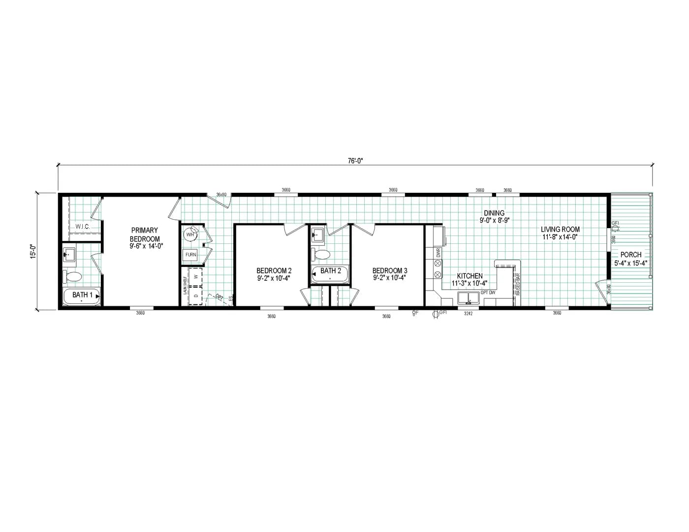 The 7616-4773P THE PULSE Floor Plan. This Manufactured Mobile Home features 3 bedrooms and 2 baths.