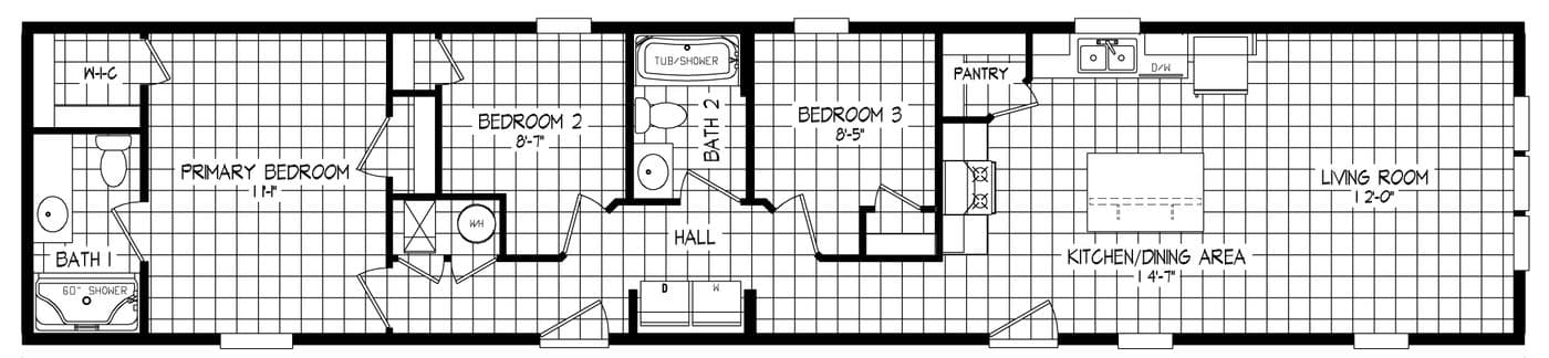 The RIGHT CHOICE 217-1 Floor Plan. This Manufactured Mobile Home features 3 bedrooms and 2 baths.