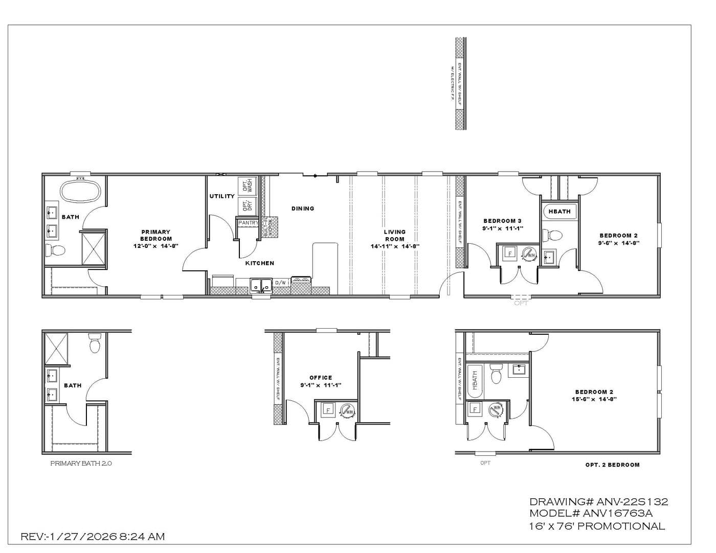 The THE ANNIVERSARY 76 Floor Plan. This Manufactured Mobile Home features 3 bedrooms and 2 baths.