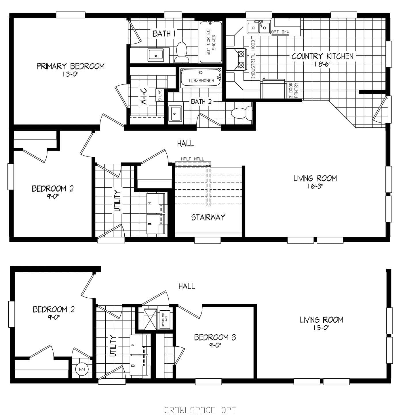 The LEGEND 518-2 MOD Floor Plan. This Modular Home features 3 bedrooms and 2 baths.