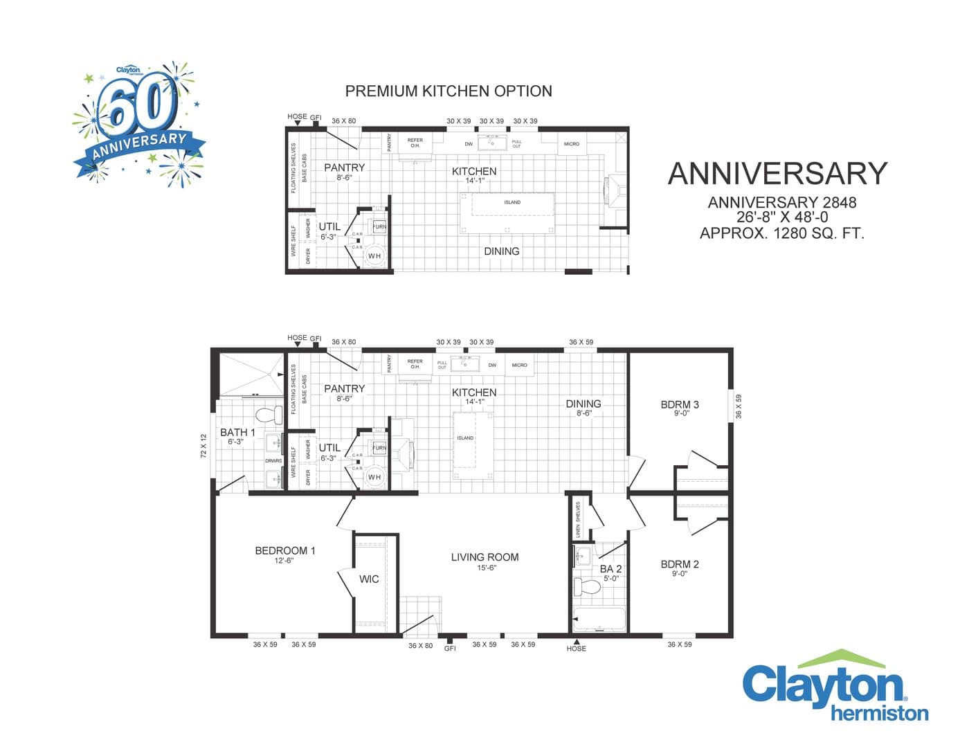 The ANNIVERSARY 2848 Floor Plan. This Manufactured Mobile Home features 3 bedrooms and 2 baths.