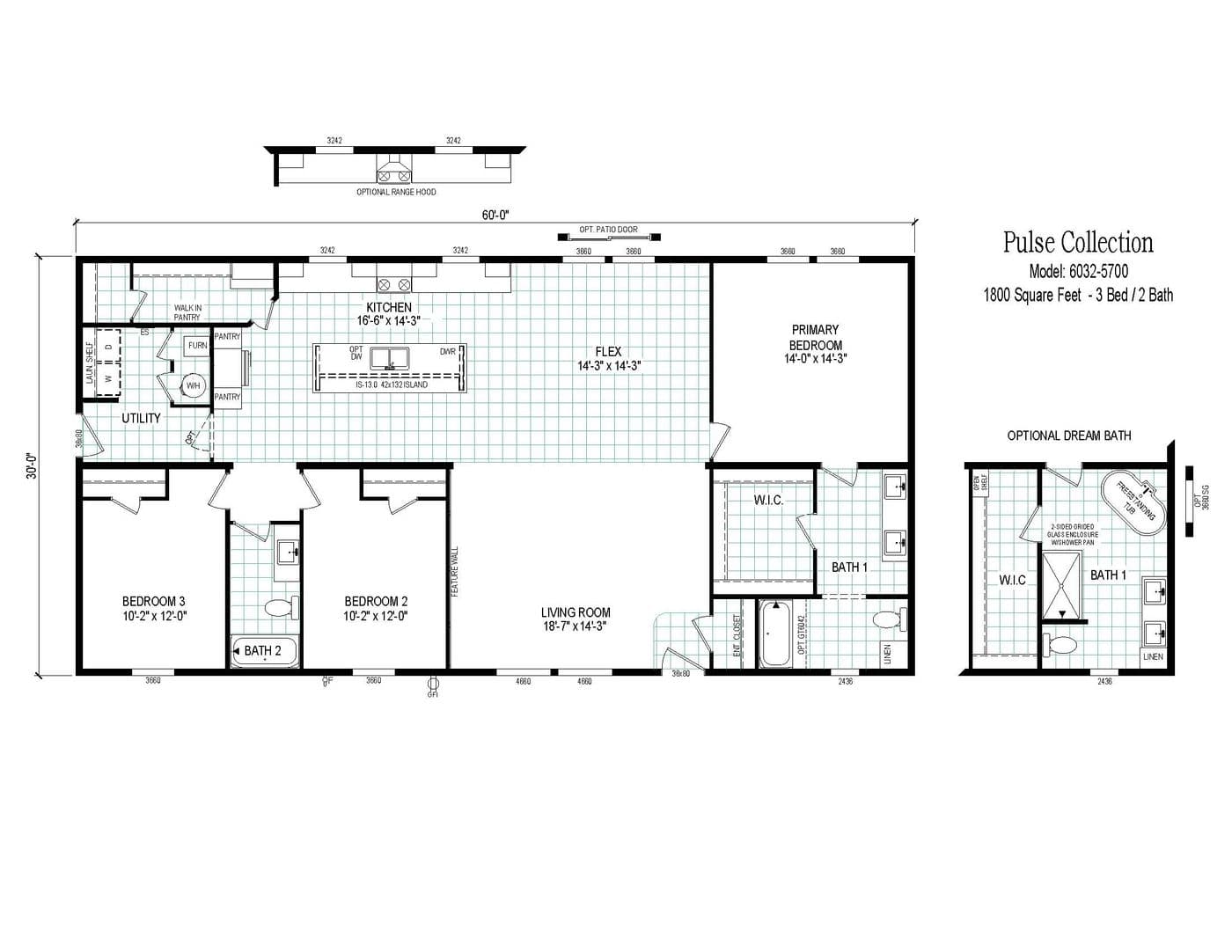 The 6032-5700 THE PULSE Floor Plan. This Manufactured Mobile Home features 3 bedrooms and 2 baths.