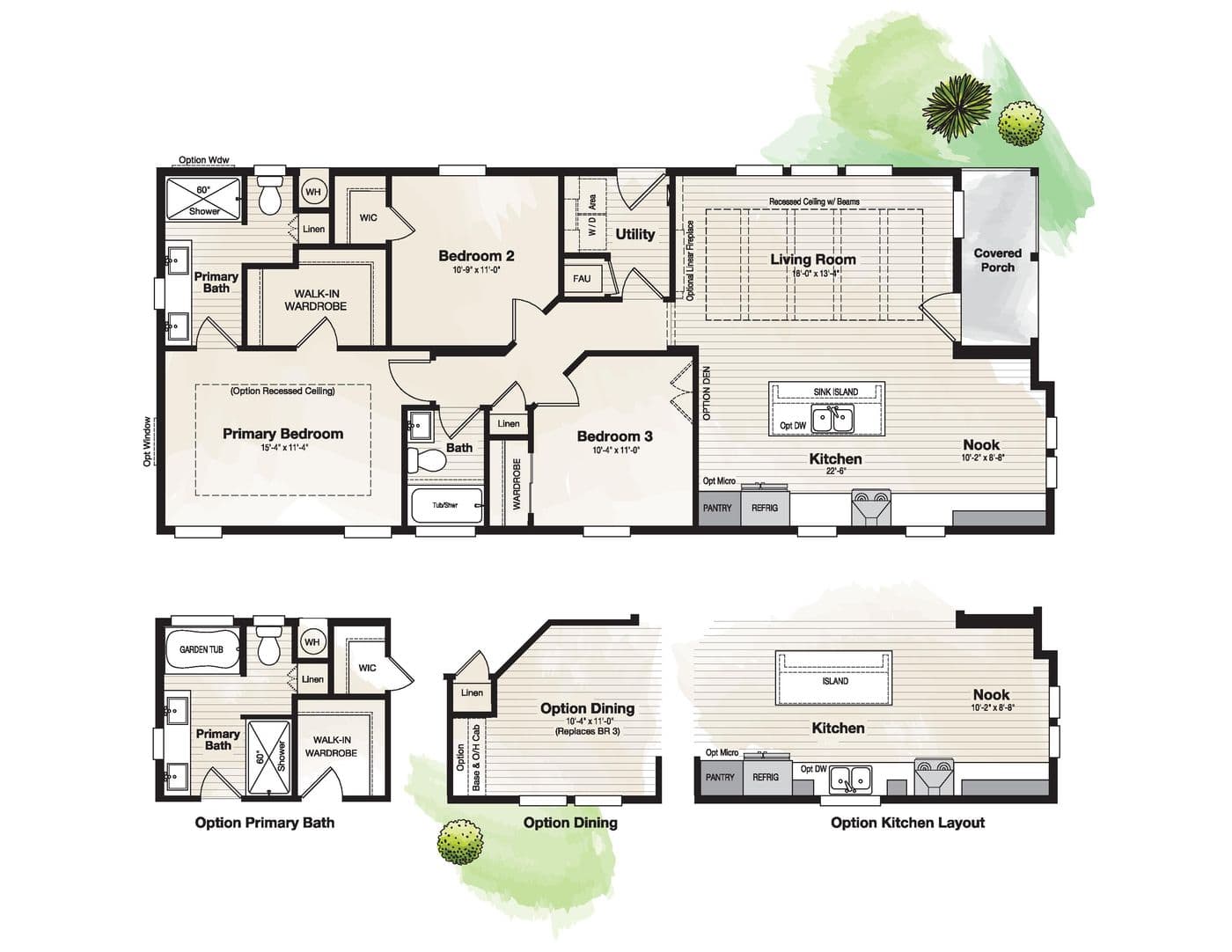 The CORONADO 2458B Floor Plan. This Manufactured Mobile Home features 3 bedrooms and 2 baths.