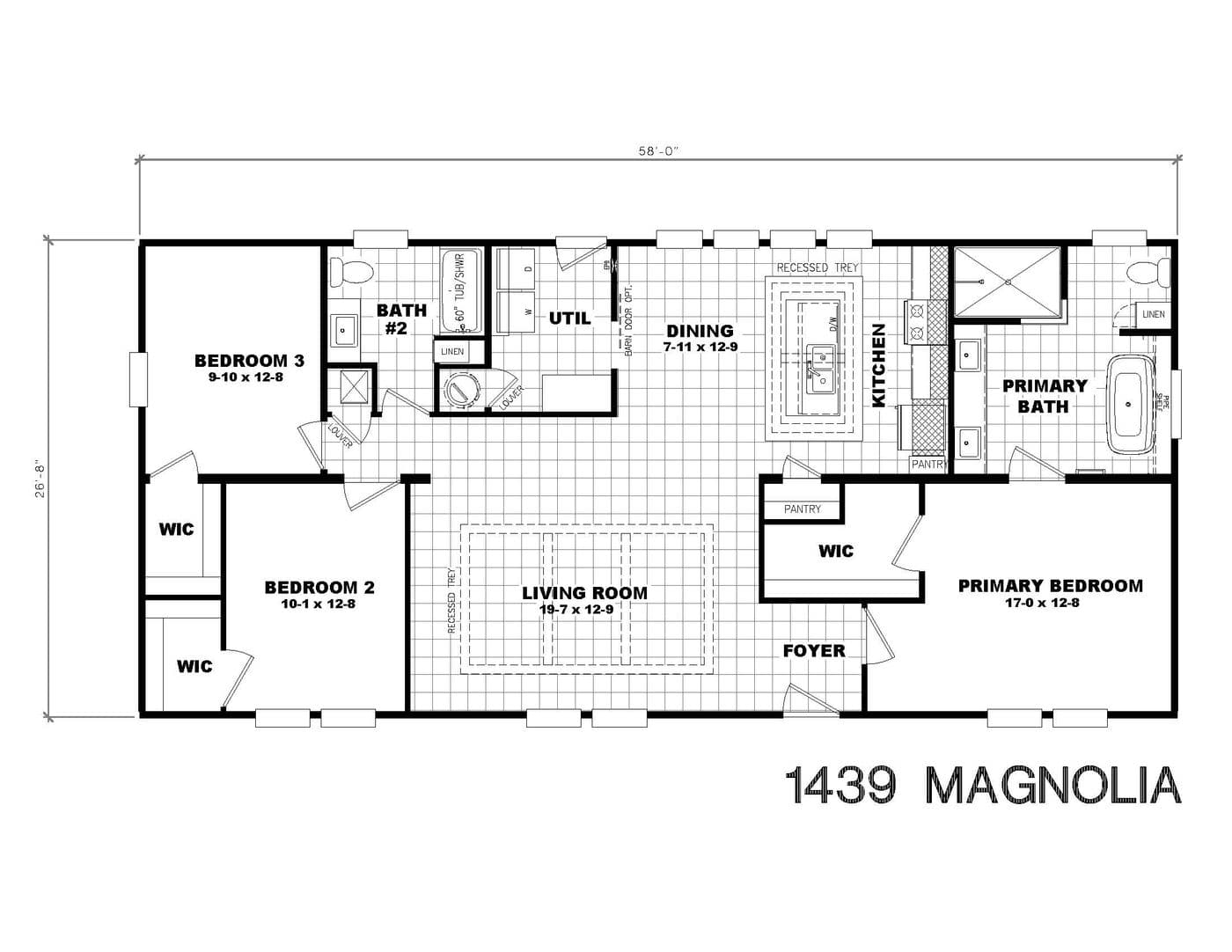 The 1439 CAROLINA "MAGNOLIA" Floor Plan. This Manufactured Mobile Home features 3 bedrooms and 2 baths.