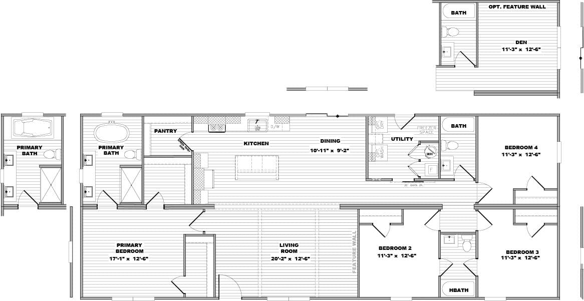 The EVERETT Floor Plan. This Manufactured Mobile Home features 4 bedrooms and 3 baths.