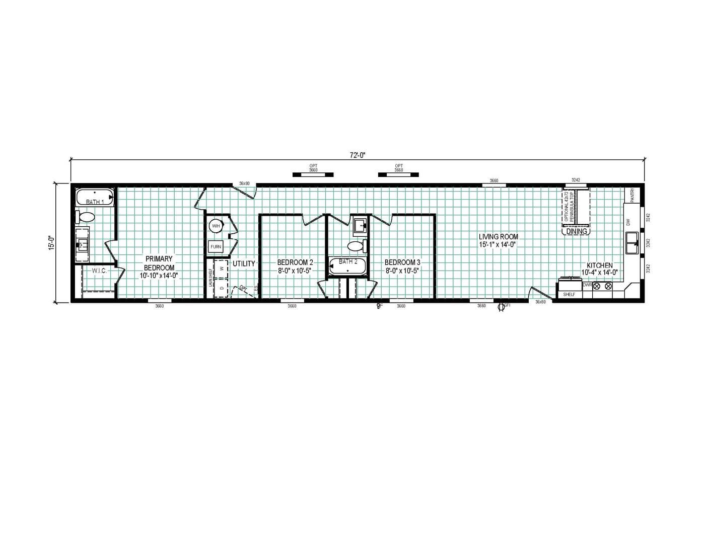 The 7216-CC03 HARBORVIEW 72 Floor Plan. This Manufactured Mobile Home features 3 bedrooms and 2 baths.