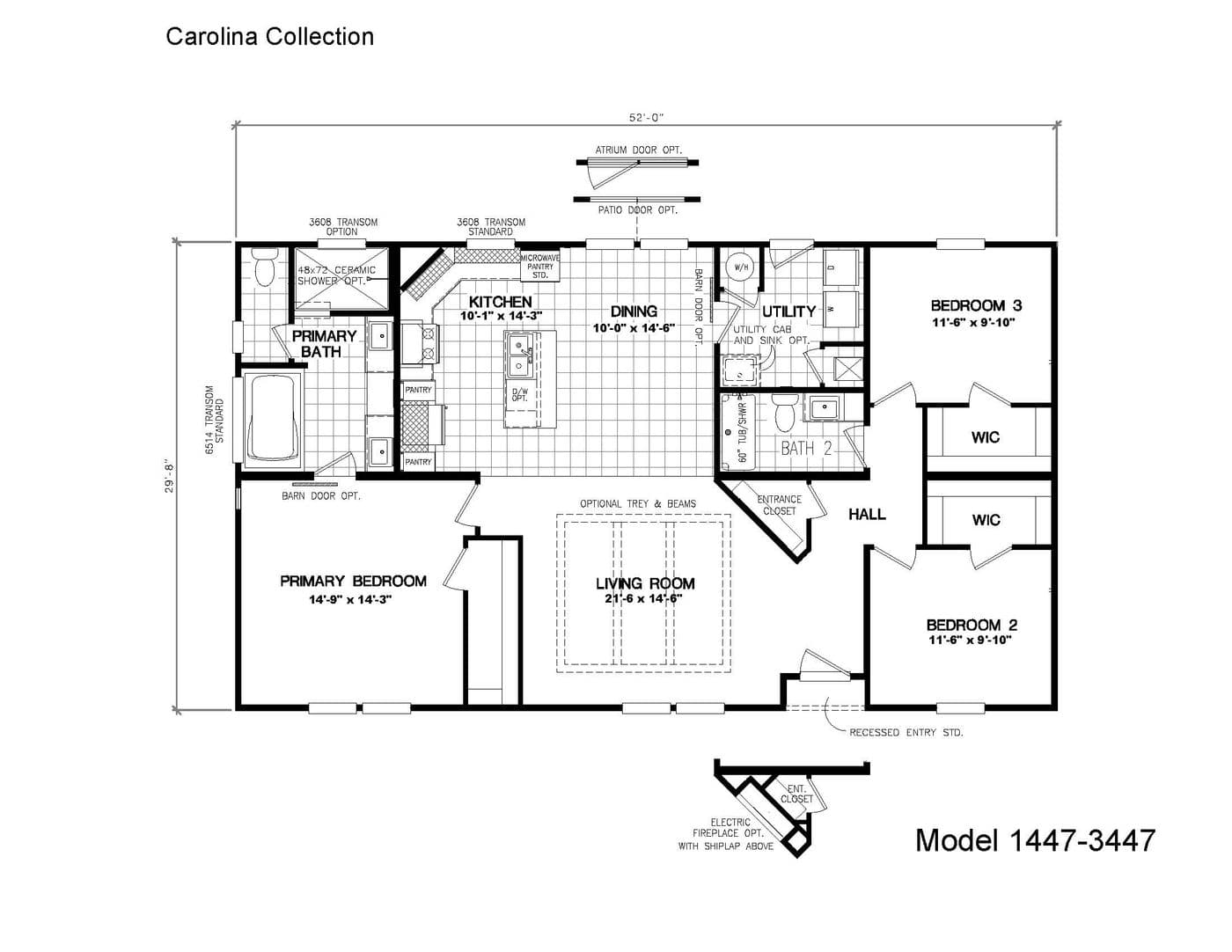 The 1447 CAROLINA Floor Plan. This Manufactured Mobile Home features 3 bedrooms and 2 baths.