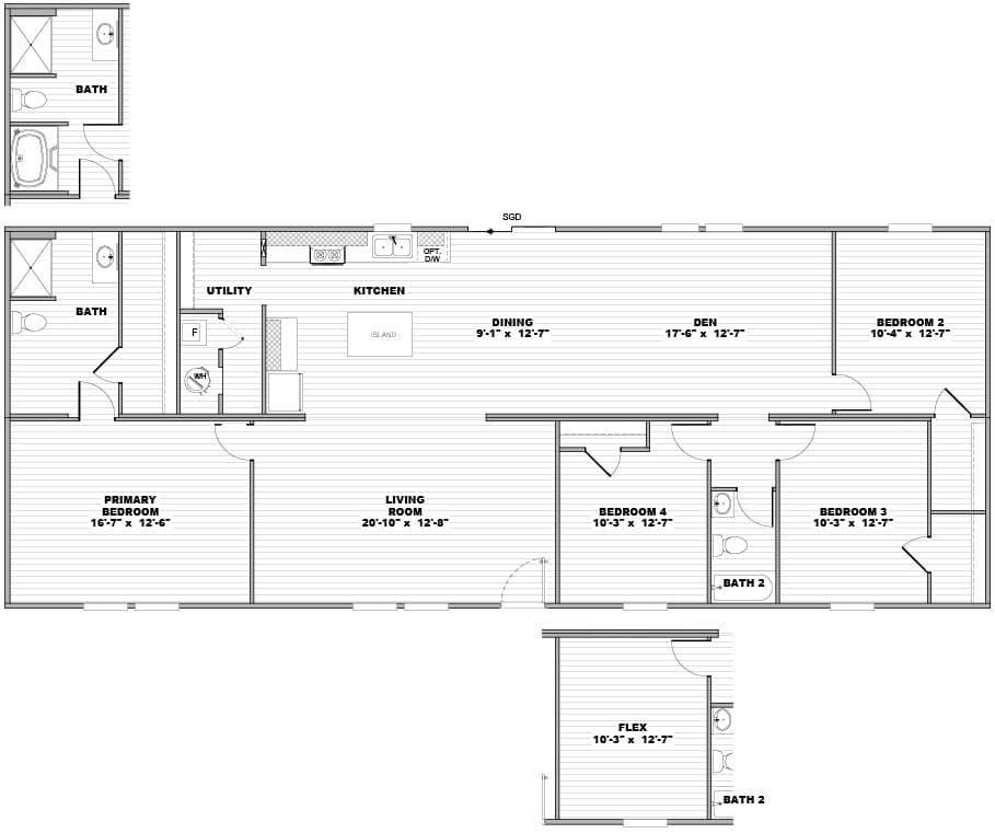 The SYCAMORE Floor Plan. This Manufactured Mobile Home features 4 bedrooms and 2 baths.