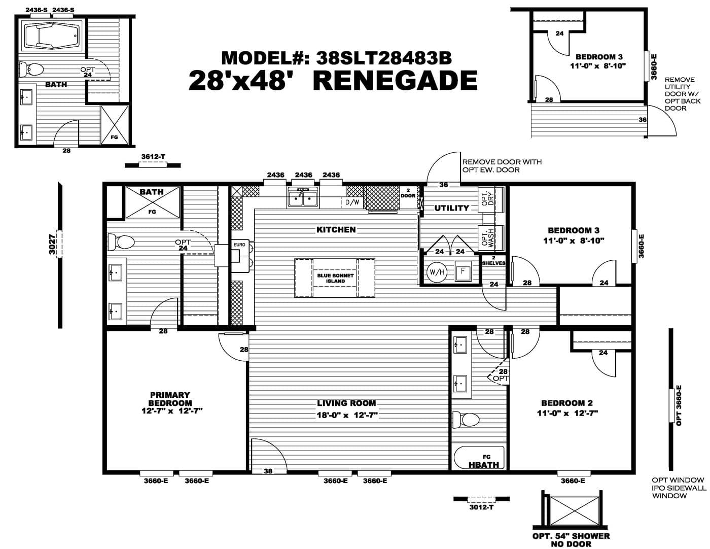 The THE RENEGADE Floor Plan. This Manufactured Mobile Home features 3 bedrooms and 2 baths.
